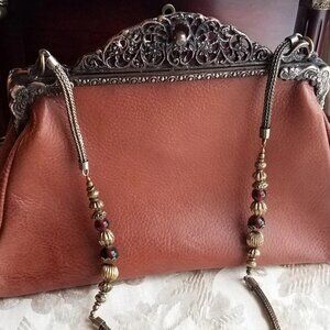 Cognac leather shoulder bag, antique brass filigree frame & beaded chain strap